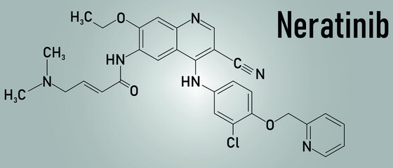 Neratinib breast cancer drug molecule. Skeletal formula.