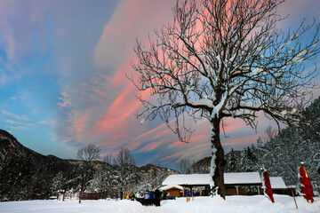 Snowy mountain landscape at sunset. Winter on the Italian Julian Alps. Malborghetto Valbruna,...