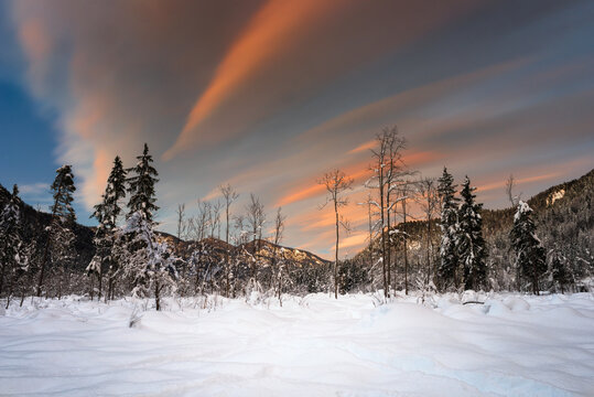 Snowy mountain landscape at sunset. Winter on the Italian Julian Alps. Malborghetto Valbruna, Friuli Venezia Giulia, Italy.