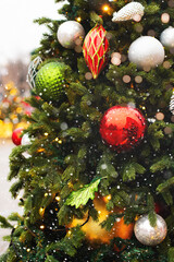 Obraz na płótnie Canvas Christmas and new year toy on fir tree close up