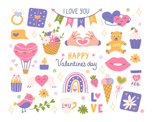 Valentine's Day set with decorative elements, love symbols and inscriptions. Vector flat illustration