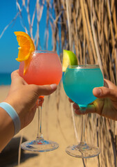 Woman on the beach holding a cocktail in her hands. Selective focus.