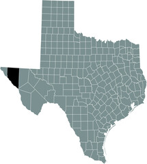 Black highlighted location map of the Hudspeth County inside gray administrative map of the Federal State of Texas, USA