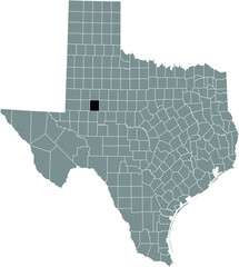 Black highlighted location map of the Howard County inside gray administrative map of the Federal State of Texas, USA