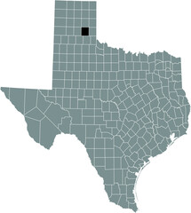 Black highlighted location map of the Donley County inside gray administrative map of the Federal State of Texas, USA