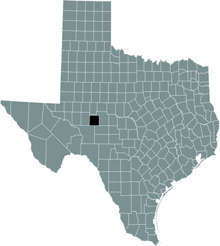 Black highlighted location map of the Irion County inside gray administrative map of the Federal State of Texas, USA