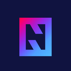 Letter N logo.Typographic icon.Lettering sign isolated on dark background.Alphabet initial.Modern, design, geometric construction, web, tech style negative space character.