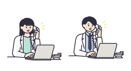 パソコンを見ながら電話を取る白衣を着た男性と女性のイラスト素材