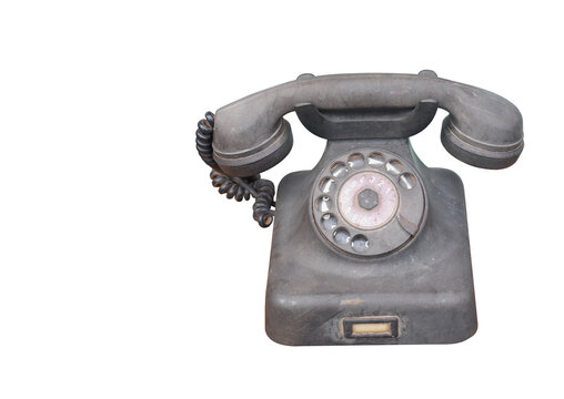 front view old and dirty grey telephone on white background, object, retro, vintage, fashion, decor, copy space