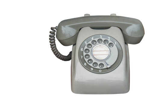 front view old grey telephone on white background, object, retro, vintage, fashion, copy space