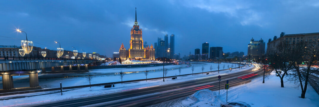 Hotel Ukraina and Novoarbatsky bridge, Moscow panorama in winter