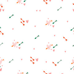 Valentine's day seamless pattern. Cupid arrows, red hearts, minimalistic background