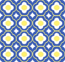 White Daisy Flower Ikat Ornament Element Tribal Ethnic Traditional Nordic Scandinavian Geometric Seamless Pattern Navy Indigo Background