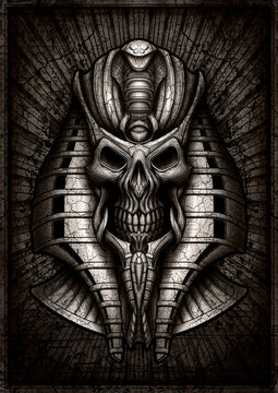 Terrible skull of a pharaoh against a stone slab with hieroglyphs and rays, an ancient demon in close-up with a big crown and a snake, a symmetrical illustration of the dark ruler of Egypt in a frame.