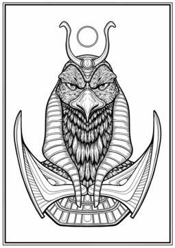 Egyptian Sun God - Ra without a background, an isolated bust of a falcon in a crown and armor. Ruler of an ancient civilization in the form of a bird with a sharp beak and an elongated neck close-up.