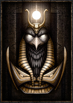 Egyptian Sun God - Ra with glowing eyes in a gold crown and armor. Ruler of an ancient civilization in the form of a bird - falcon on the background of a stone slab with hieroglyphics and cracks.