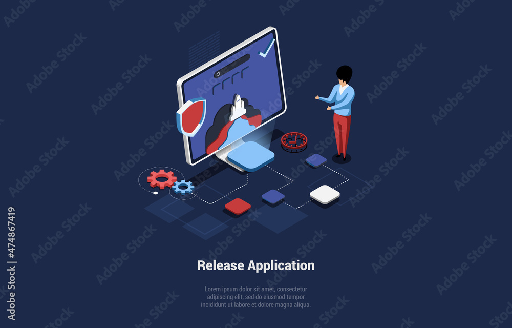 Poster release application vector illustration in cartoon 3d style on dark background. conceptual isometric