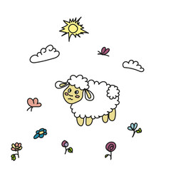 Bright children's illustration, a cute lamb in the meadow.