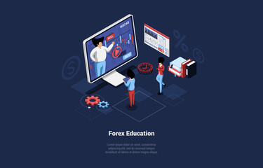 Forex Education Vector Illustration In Cartoon 3D Style On Dark Background. Conceptual Isometric Design. Trading And Marketing Strategy Course, Internet Learning Of Business. Online Video Work Study