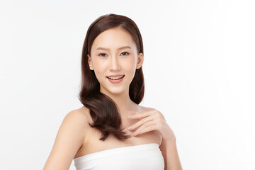 Beautiful young asian woman with clean fresh skin on white background, Face care, Facial treatment, Cosmetology, beauty and spa, Asian women portrait.