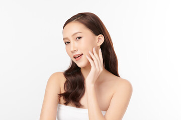 Fototapeta premium Beautiful young asian woman with clean fresh skin on white background, Face care, Facial treatment, Cosmetology, beauty and spa, Asian women portrait.