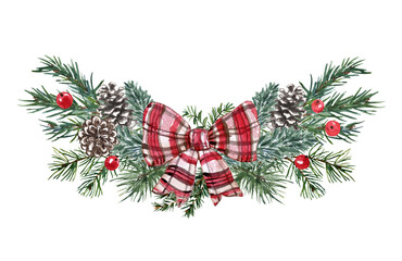 Rustic Christmas border illustration. Watercolor pine branches, plaid ribbon, pine cones, red berries. Festive winter frame. Hand painted illustration.