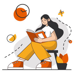 Teen girl enjoy her hobby - reading the book. She have the best  leisure and fun. Vector illustration of home creative occupation in quarantine.