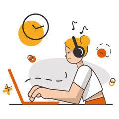 Teen girl enjoy her hobby - listening to music. She have the best  leisure and fun. Vector illustration of home creative occupation in quarantine.