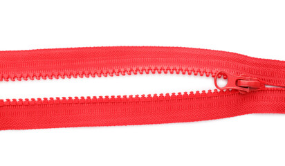 Red zipper on white background, top view