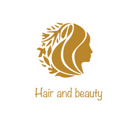 hair and beauty business logo,  woman face  with herbal in hair