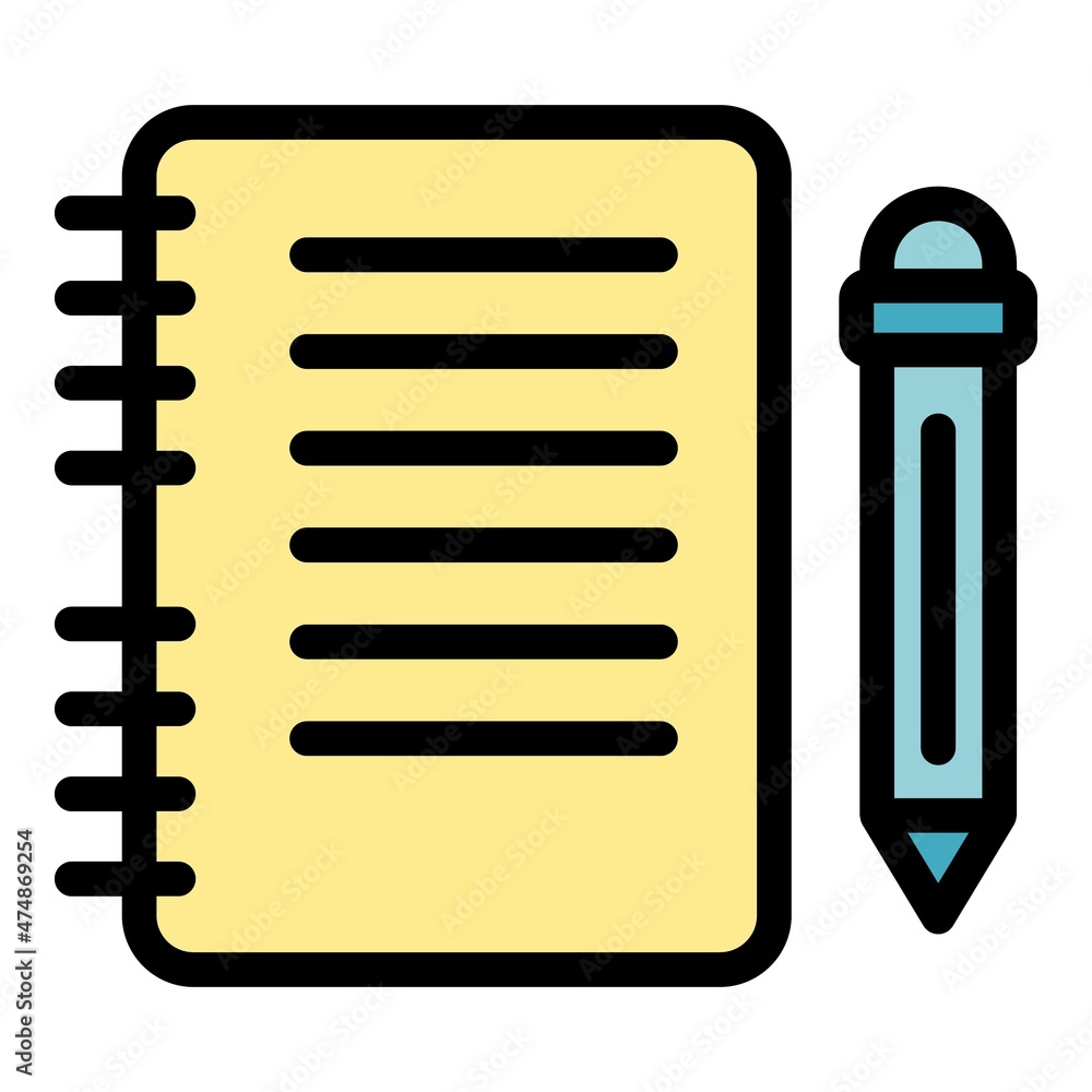 Poster notebook and pencil icon. outline notebook and pencil vector icon color flat isolated