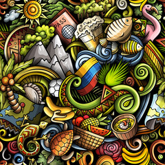 Cartoon doodles Ecuador seamless pattern. - obrazy, fototapety, plakaty
