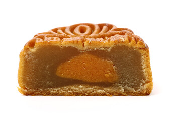 Mid-Autumn Festival moon cake on white background（Non-English texts translation :sweet red bean paste）