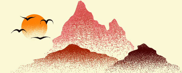 Mountain silhouettes with sun.  Peaks in sunset.  Brush strokes. Fog over mountain landscape . Summit and sunset logo .Vector