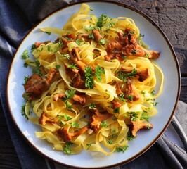 Tagliatelle pasta with fried in butter chanterelle mushrooms with garlic and finely chopped parsley...