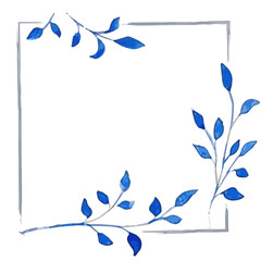 Watercolor square frame with blue tree branches