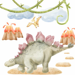 Watercolor prehistoric illustration of a stegosaurus. Perfect for printing, web, textile design, souvenirs and other ideas.