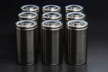 A consignment of new modern high-capacity lithium-ion cells. A prototype of new batteries on a...