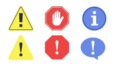 Exclamation marks, prohibition signs, and information symbol collections. Suitable for design elements of danger warning signs and attention mark. Security sign for road and public service.