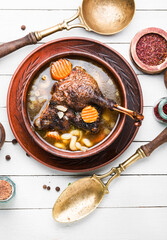 Fat homemade goose soup.
