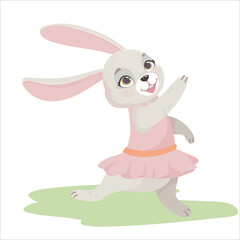 Cute bunny in a pink dress in a cartoon style. Fluffy animal. Vector illustration isolated on white background.