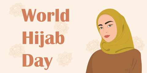 World Hijab Day banner. Muslim woman in hijab. Vector illustration
