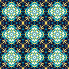 Vector tile pattern, Lisbon flower mosaic, Mediterranean turkish navy blue ornament