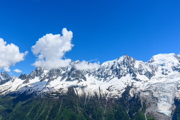 Fototapeta na wymiar The Mont Blanc Massif in the Mont Blanc Massif in Europe, France, the Alps, towards Chamonix, in summer on a sunny day.