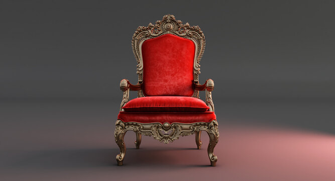 red Throne Chair Isolated isolated on dark background. red royal chair, 3d render
