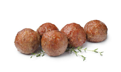 Many tasty cooked meatballs on white background