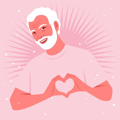 Happy elderly man is making a heart sign with his hands. Love gesture. Portrait of a loving grandfather. Valentine’s day postcard. Vector flat illustration.