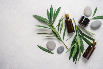 Cosmetic products in glass jar and bottles with pipette on light gray stone spa background with branches of green plant and pebble stone