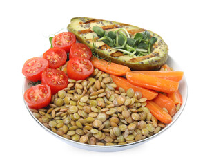 Obraz premium Delicious lentil bowl with avocado, tomatoes and carrots on white background