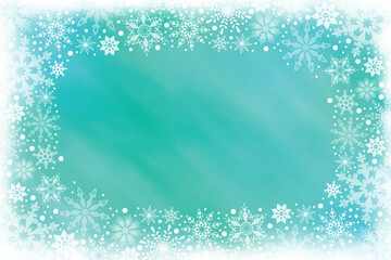 White snowflake frame against an aqua, blue and teal colored motion blurred backdrop. Winter sky with frosty snowflake border and white vignetting  to look like frost. Festive winter background